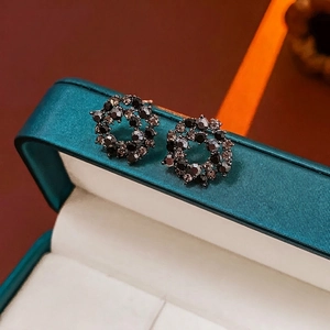 Exquisite French hollow crystal stud earrings with vintage dark grey rhinestones