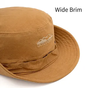 Outdoor khaki cotton sun hat with wide brim and mountain embroidery for sun protection