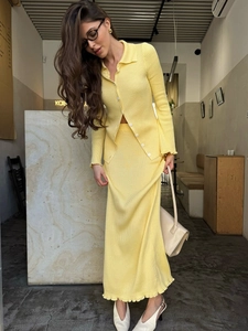 Ensemble En Tricot Pour Femmes Cardigan À Manches Longues Côtelé Et Jupe Maxi Streetwear Coupe Slim Décontracté Couleur Unie