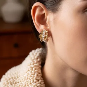 Elegant 14k gold plated C-shape pearl cluster earrings with pleated floral petal design