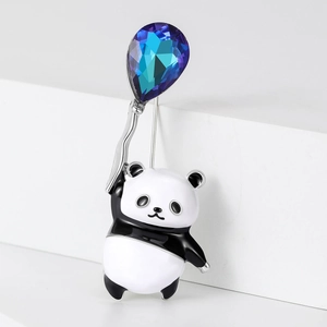 Cute panda brooch with blue crystal balloon and black enamel detail on silver finish