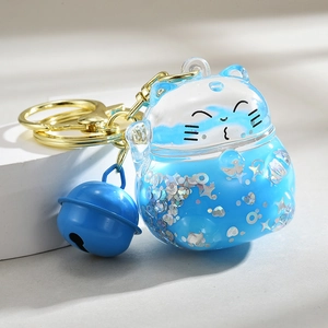 Lucky Cat Quicksand Keychain Acrylic Floating Liquid Glitter Maneki Neko Bag Pendant With Bell Cute Cartoon Keyring