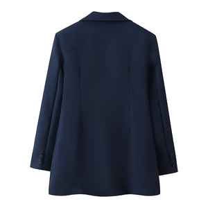 Detailed back view of a dark blue long-sleeved blazer with clean seams and professional tailoring