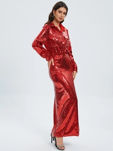 Chic red sequin long sleeve top and slim split maxi skirt two-piece set for evening