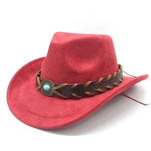 Red suede wide brim western cowboy hat with brown braided leather band and turquoise stone