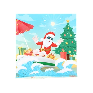 3D pop-up Christmas card featuring surfing Santa Claus with a decorated tree and gift boxes
