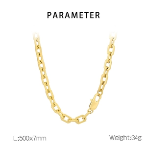 Detail showing 500x7mm gold stainless steel O-link chain specs and weight of 34g
