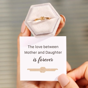 S925 sterling silver knot ring in gold finish with a mother daughter gift box and card