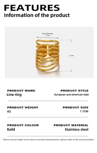 Detail view of 18K gold plated multi-layer ring with dimensions and weight specs