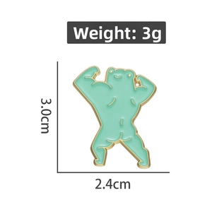 Detail view of cartoon muscle frog enamel pin in mint green with 3.0cm size specs