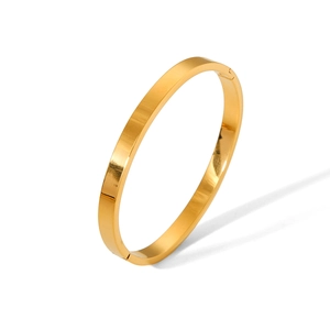 Detail showing the hinged closure and polished gold surface of the flat stainless bangle