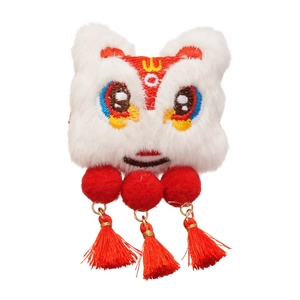 Traditional Chinese Lion Dance hair clip with white plush fur and red silk tassels