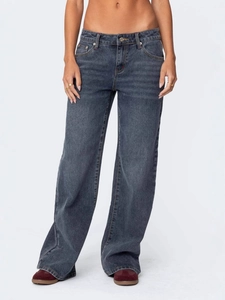 Women's vintage loose wide-leg denim jeans in dark grey with a retro baggy streetwear fit