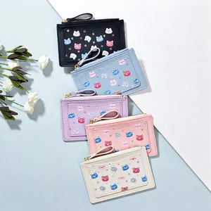 Mini PU leather coin purse set with cute bear embroidery and golden zipper pulls