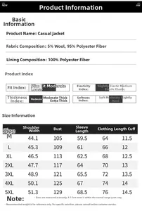 Size chart table for men's wool blend lapel jacket showing measurements from M to 5XL