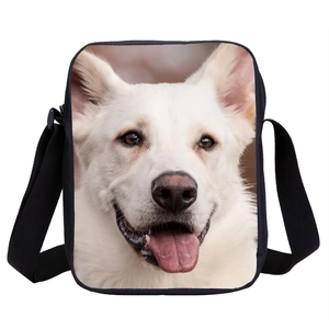 Black small crossbody bag with 3D white dog print and adjustable shoulder strap