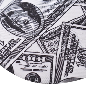 Detailed macro view of black and white US dollar bill print with precise stitching
