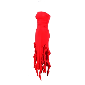 Detail of red tube dress featuring a slim fit, ruched texture, and ruffle hemline