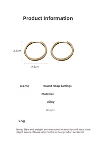Detail showing 2.3cm gold alloy hoop earrings with measurements and 5.5g weight info