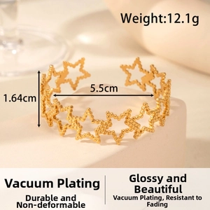 Detailed view of gold star cuff bracelet showing dimensions of 1.64cm height and 5.5cm diameter