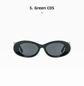 Detailed close-up of dark green oval vintage sunglasses with high-quality gray UV lenses
