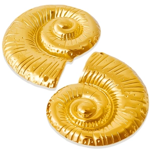 Detailed view of two gold stainless steel spiral conch pendants with textured stripes