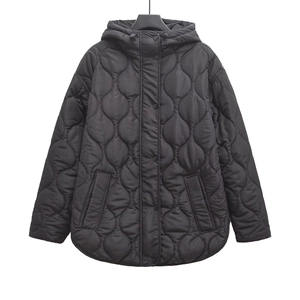 Women's black hooded quilted jacket with wave patterns and snap buttons mid-length