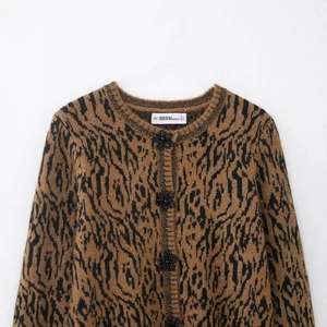 Women's knit cardigan with leopard animal print and floral buttons on white background