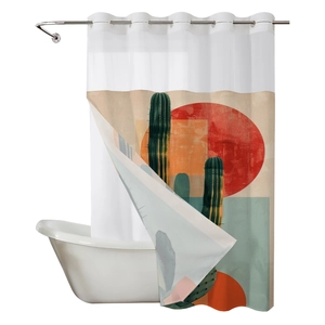Modern cactus sun print shower curtain with double layer metal rings for bathroom decor