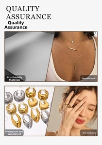 Detail of waterproof titanium steel necklaces and textured gold hoop earrings for women