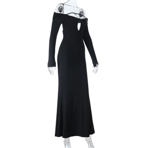 Close-up of the off-shoulder neckline and hollow cutout detail on the black bodycon dress