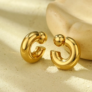 Gold plated stainless steel C-shaped chunky hoop earrings with sphere backings
