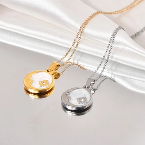 Gold and silver stainless steel sun moon star necklaces with white enamel shell charms