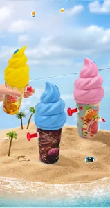 Close-up of three colorful ice cream shaped water guns on a bright summer beach background