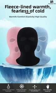 Detailed knit texture of pink black and blue 3-hole ski masks with cold-resistant thermal fabric