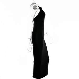 Side view of a black sleeveless bodycon maxi dress with an elegant side slit