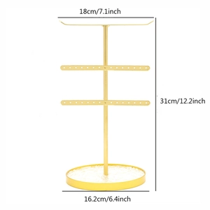 Golden metal jewelry organizer stand with three tiers and round base for earrings and necklaces
