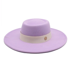 Classic lavender wool fedora hat with wide 9.5cm brim and gold buckle band decoration