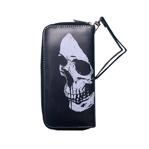Vintage skull print long zip-around wallet in black faux leather with wrist strap