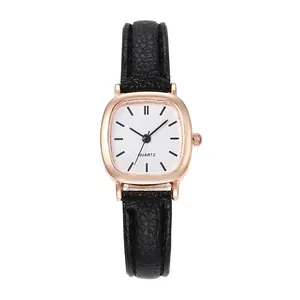 Minimalist square quartz watch with rose gold case and black leather strap for women