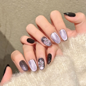 Handmade Purple Cat Eye Press On Nails With 3D Flower Butterfly Rhinestone Japanese Oval Glossy Reusable Fake Nails For Women