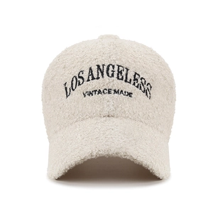 Fuzzy cream Los Angeles teddy wool baseball cap for winter with black embroidery