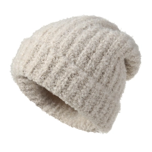 Winter chunky knit beanie in off-white textured boucle yarn for ear protection