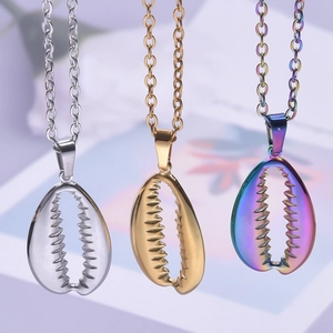 Shell pendant necklaces in silver, gold and rainbow finishes with steel metal chains
