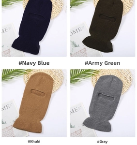 Detail showing knitted balaclava masks in navy blue, army green, khaki, and grey colors
