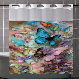 Detail showing butterfly pattern print on waterproof fabric shower curtain with metal eyelets