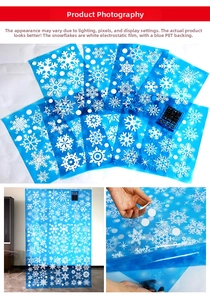 Detail of white snowflake static cling stickers with blue PET base for window decoration