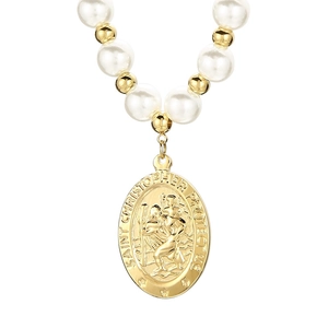 Saint Christopher pendant necklace with white faux pearls and gold stainless steel chain