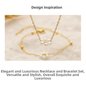 Detailed view of pearl flower jewelry set with gold chains on vintage lace background