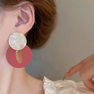 Retro geometric earrings with white resin circles and matte red hollow rings for women